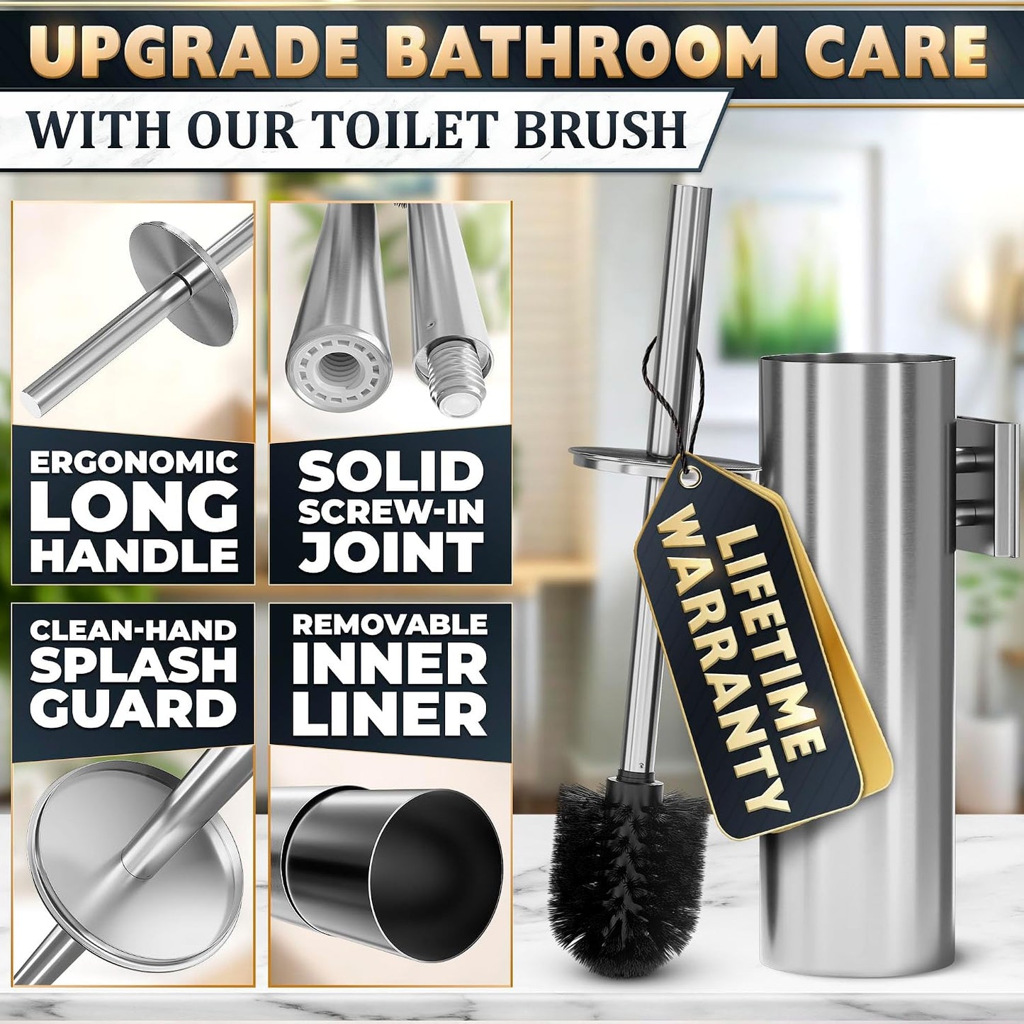 Black Toilet Brush and Holder Set - Slim Matte Design that Fits Anywhere - Stainless Steel Toilet Bowl Brush and Holder with 2 Rounded Corners, Replaceable Head, Removable Inner Bowl & Splash Guard