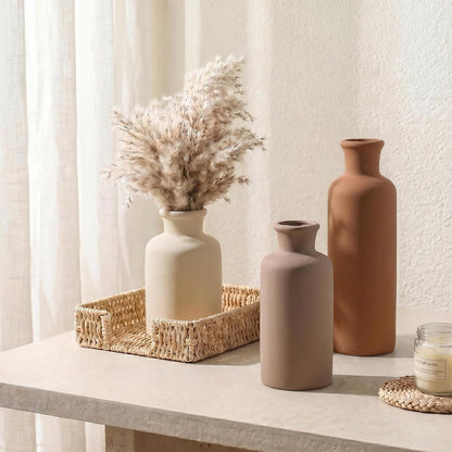 Ceramic Vase Set of 3, Modern Minimalist Neutral Home Decor, Boho Rustic Farmhouse Decorative Vases for Pampas Grass Dried Flowers | Table Centerpiece Entryway Mantel Bookshelf(Black Mix Set - Gray#1)