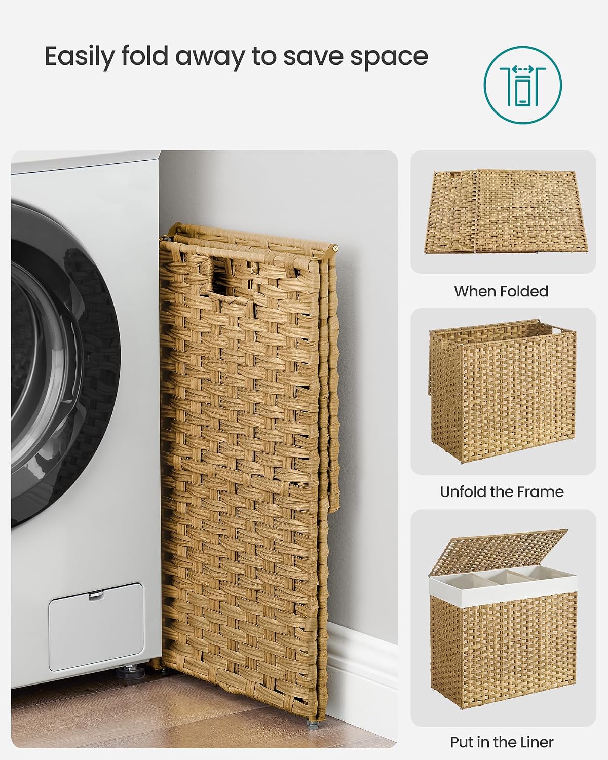 SONGMICS Laundry Hamper with Lid, 37 Gallons (140 L), Rolling Laundry Basket with Wheels, 3-Section Synthetic Rattan, Removable Liner, Bedroom, 26 x 13 x 26 Inches, Gray ULCB363G01