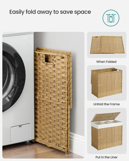 SONGMICS Laundry Hamper with Lid, 37 Gallons (140 L), Rolling Laundry Basket with Wheels, 3-Section Synthetic Rattan, Removable Liner, Bedroom, 26 x 13 x 26 Inches, Gray ULCB363G01