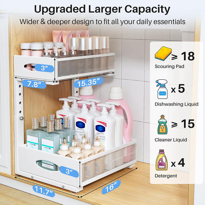 Under Sink Organizer, 2 Pack 2 Tier Pull Out Under Cabinet Organizer Shelf with Pad for Framed Cabinets, Metal Slide Out Under Sink Storage, Mesh Sliding Drawers for Kitchen Bathroom Laundry, Black