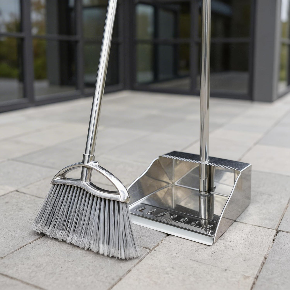 Stand Up Metal Dustpan & Stiff Bristle Broom Set–Heavy Duty for Yard, Patio | No-bend stand up design / Heavy duty metal dustpan with teeth / 4-layer stiff Bristle broom / For outdoor floor sweeping