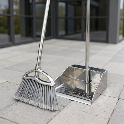 Stand Up Metal Dustpan & Stiff Bristle Broom Set–Heavy Duty for Yard, Patio | No-bend stand up design / Heavy duty metal dustpan with teeth / 4-layer stiff Bristle broom / For outdoor floor sweeping