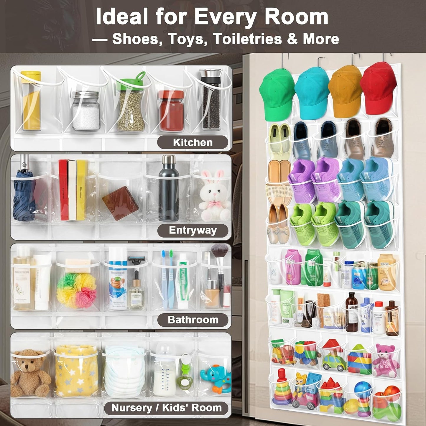 40 Pockets Over the Door Shoe Organizer – Waterproof Hanging Shoe Holder for Closet & Bathroom – Space-Saving Clear PVC Door Shoe Rack for Shoes, Toys, Toiletries & Snacks (White)