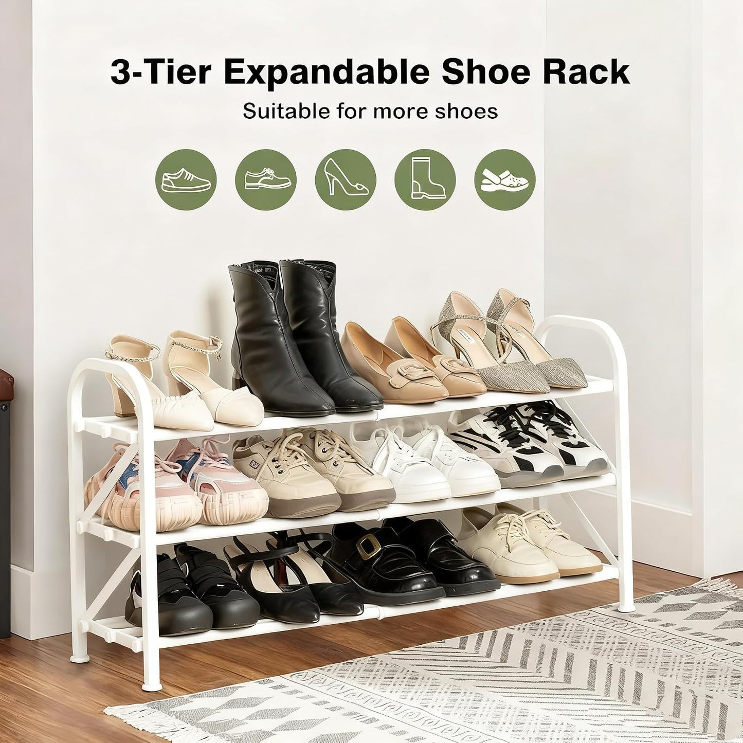 4-Tier Expandable Shoe Rack, Stackable and Adjustable Shoes Organizer Storage Shelf, Sturdy and Durable Metal Structure Free Standing Shoe Rack for Closet Entryway Doorway