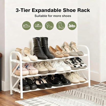 4-Tier Expandable Shoe Rack, Stackable and Adjustable Shoes Organizer Storage Shelf, Sturdy and Durable Metal Structure Free Standing Shoe Rack for Closet Entryway Doorway