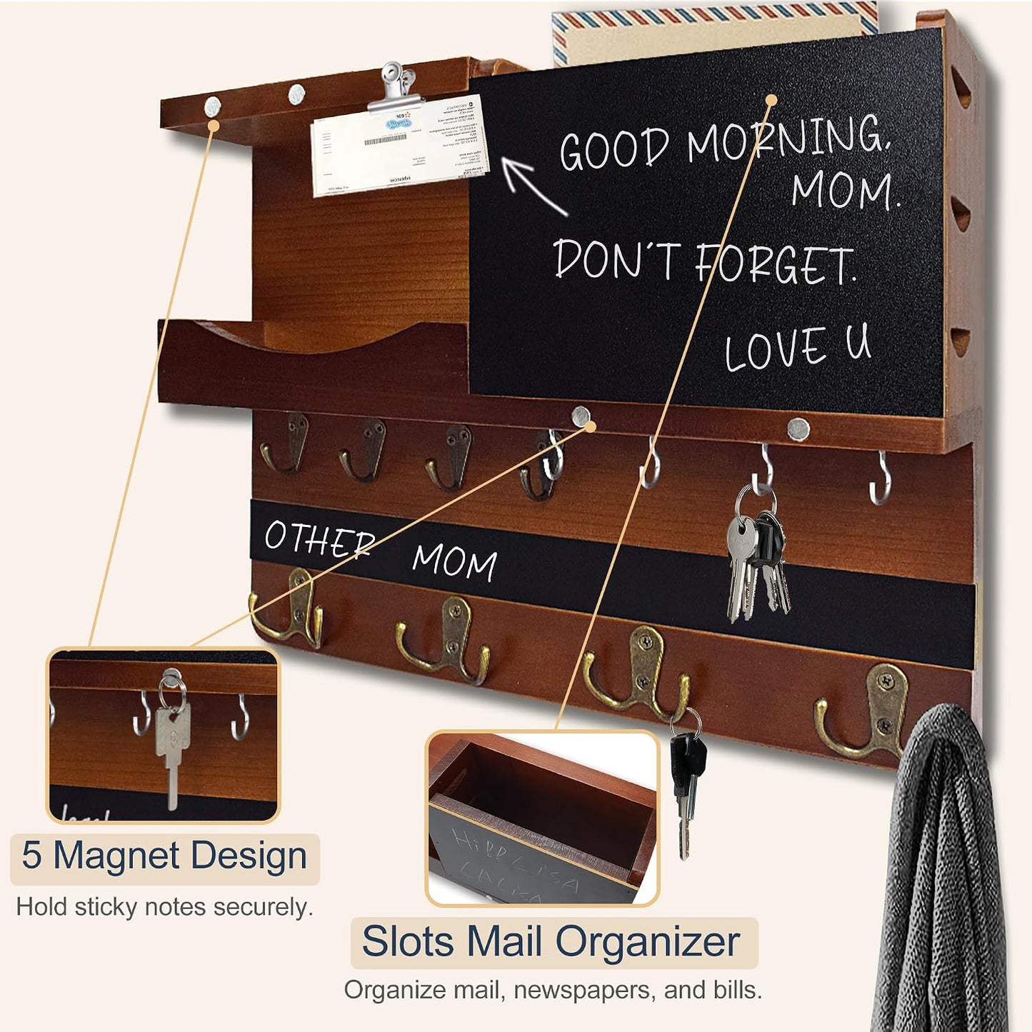 Key Holder for Wall Mount with Shelf and Mail Organizer, Key and Mail Holder with 16 Hooks, Farmhouse Entryway Organizer, Home Decor Rack (Pine Wood, Black)
