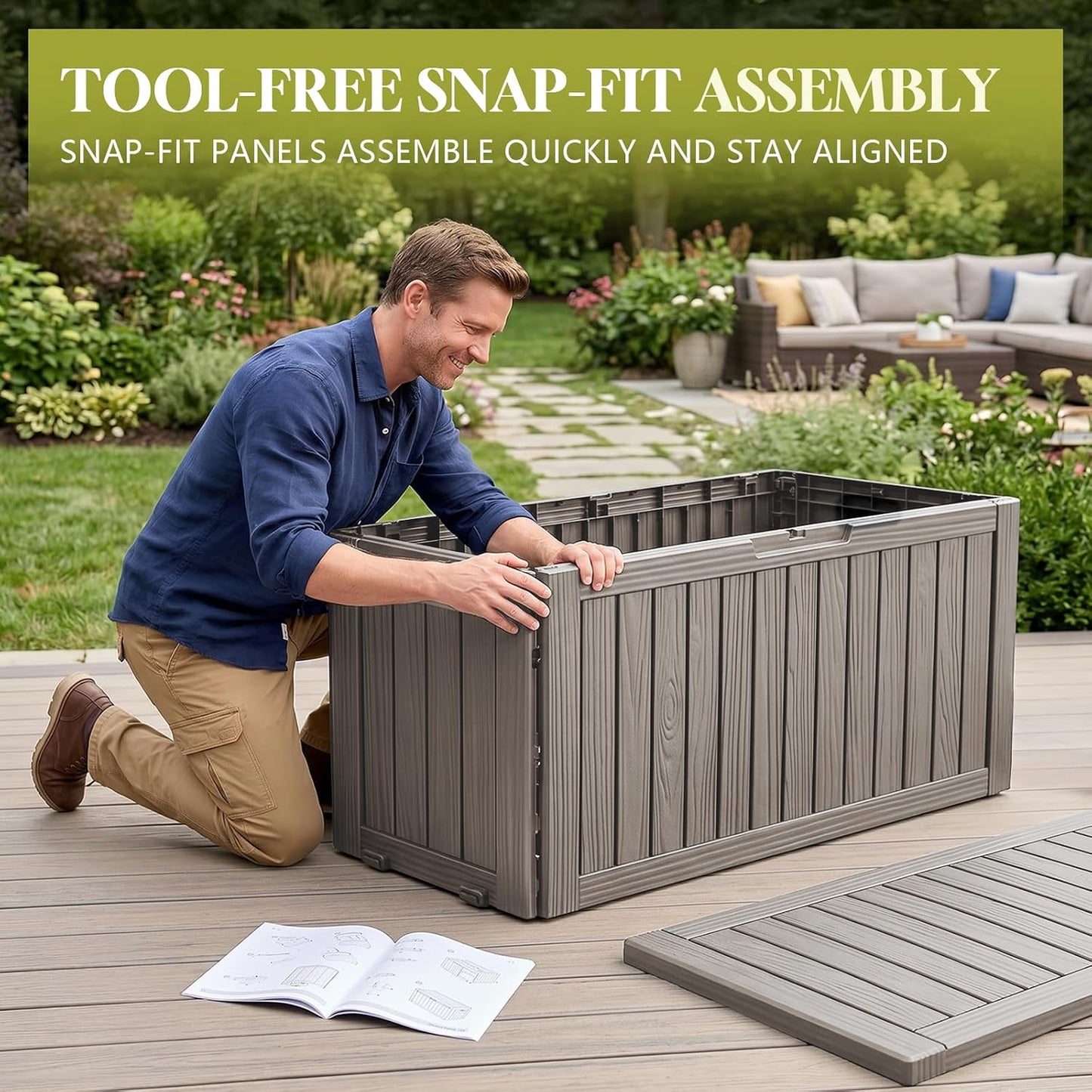 Waterproof Outdoor Storage Box Outside Deck Box Lockable Resin Bench UV Resistant Furniture Cushion Pool Tool Float Bin Patio Garden Porch (Black, 120 Gallon)