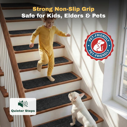 MBIGM 8" X 30" (15 in Pack) Nonslip Carpet Stair Treads Non-Skid Safety Rug Slip Resistant Indoor Runner for Kids Elders & Pets with Reusable Adhesive - Brown - Non Slip Stair Treads Indoor