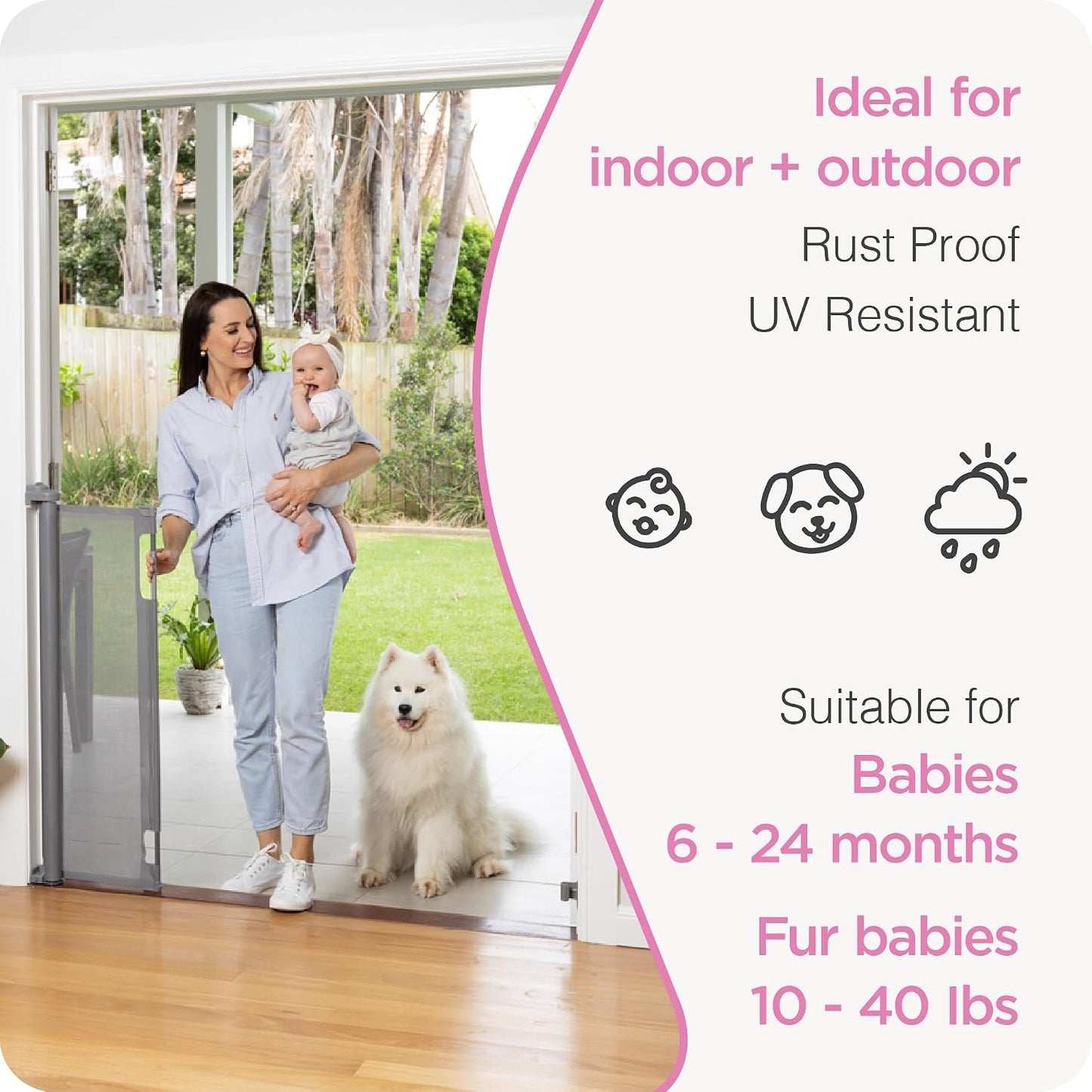 Retractable Baby Gate Perma Child Safety 33" Tall x 55” Wide, Mesh, for Stairs, Doorways, Dogs, Pets, Indoor, Outdoor, One-Handed Operation, Locking, Easy Install, Hardware Mount, White