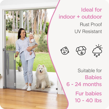 Retractable Baby Gate Perma Child Safety 33" Tall x 55” Wide, Mesh, for Stairs, Doorways, Dogs, Pets, Indoor, Outdoor, One-Handed Operation, Locking, Easy Install, Hardware Mount, White