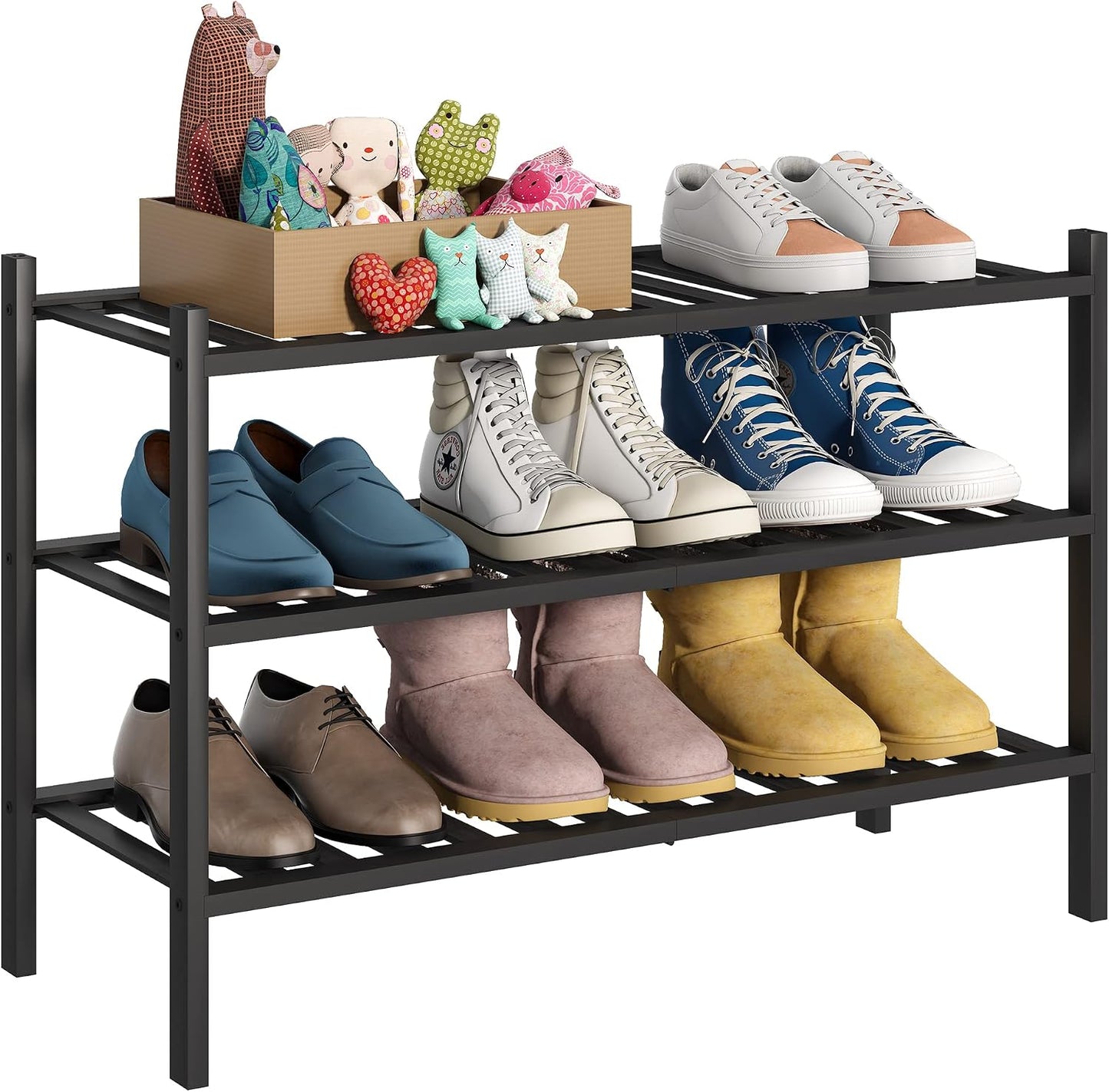 BMOSU 2-Tier Bamboo Small Shoe Rack Premium Stackable Shoe Shelf Storage Organizer for Hallway Closet Living Room Entryway Organizer (Black Bamboo)