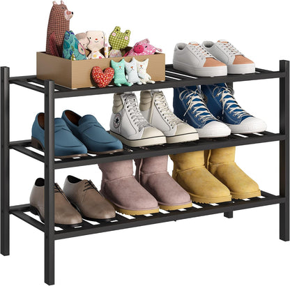 BMOSU 2-Tier Bamboo Small Shoe Rack Premium Stackable Shoe Shelf Storage Organizer for Hallway Closet Living Room Entryway Organizer (Black Bamboo)