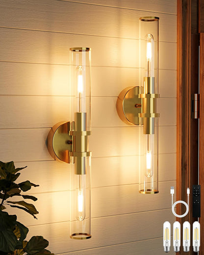 Wireless Wall Sconces with Remote Control, Battery Operated Wall Sconce Set of 2 with Timer, Gold Rechargeable Dimmable Glass Wall Lights for Living Room Bedroom Hallway Entryway 3000K, 20.5 Inch