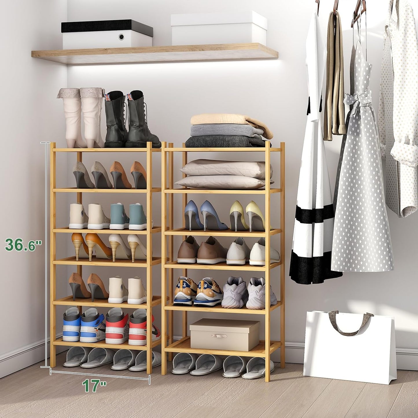 kiplant Small Shoe Rack, 4-Tier Bamboo Wood Shoe Rack for Entryway, Stackable Shoe Organizer for Hallway Closet, Free Standing Shoe Racks for Indoor & Outdoor
