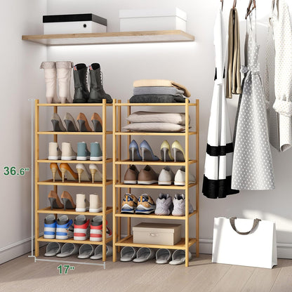 kiplant Small Shoe Rack, 4-Tier Bamboo Wood Shoe Rack for Entryway, Stackable Shoe Organizer for Hallway Closet, Free Standing Shoe Racks for Indoor & Outdoor