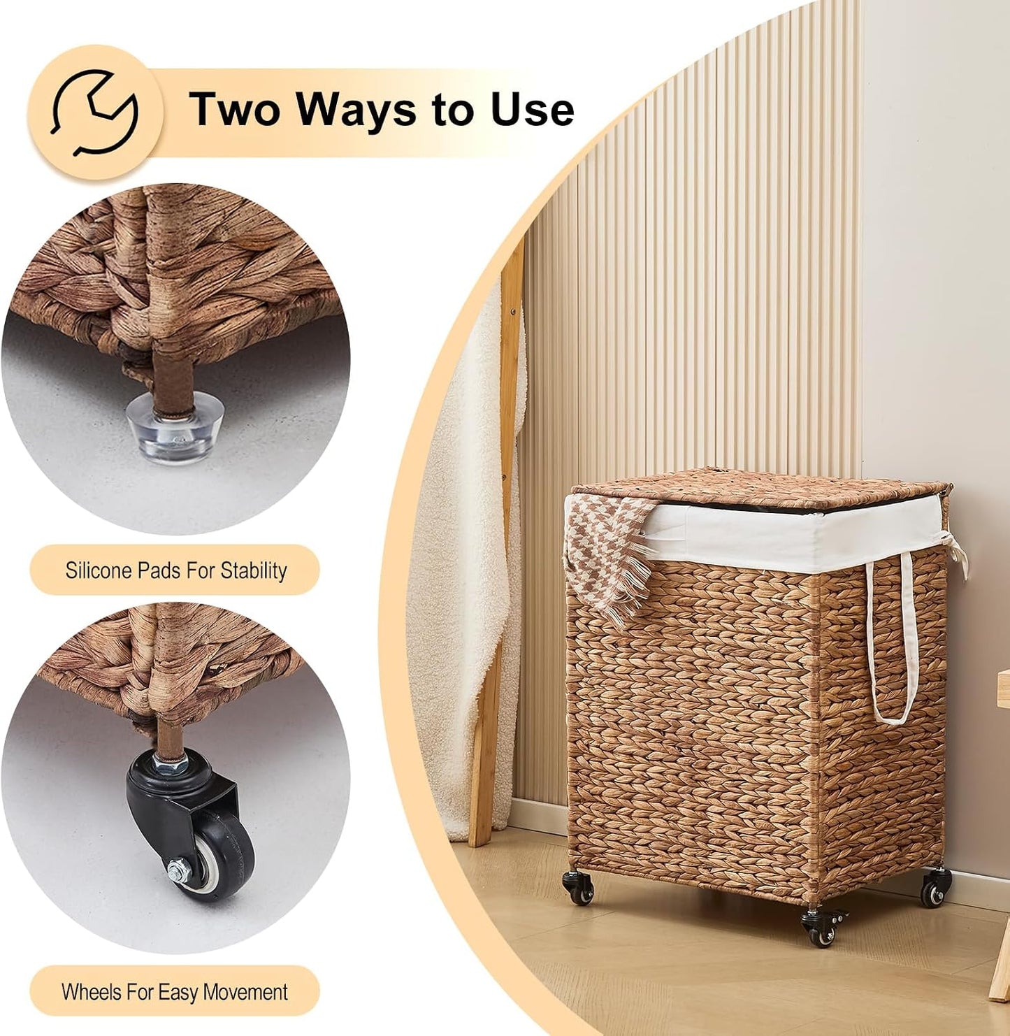 3-Section Laundry Hamper with Lid, Large Capacity Woven Natural Water Hyacinth Laundry Sorter with Removable Liners, Rolling or Non-Slip Design for Bedroom (Natural, 155L)