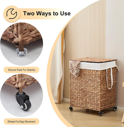 3-Section Laundry Hamper with Lid, Large Capacity Woven Natural Water Hyacinth Laundry Sorter with Removable Liners, Rolling or Non-Slip Design for Bedroom (Natural, 155L)