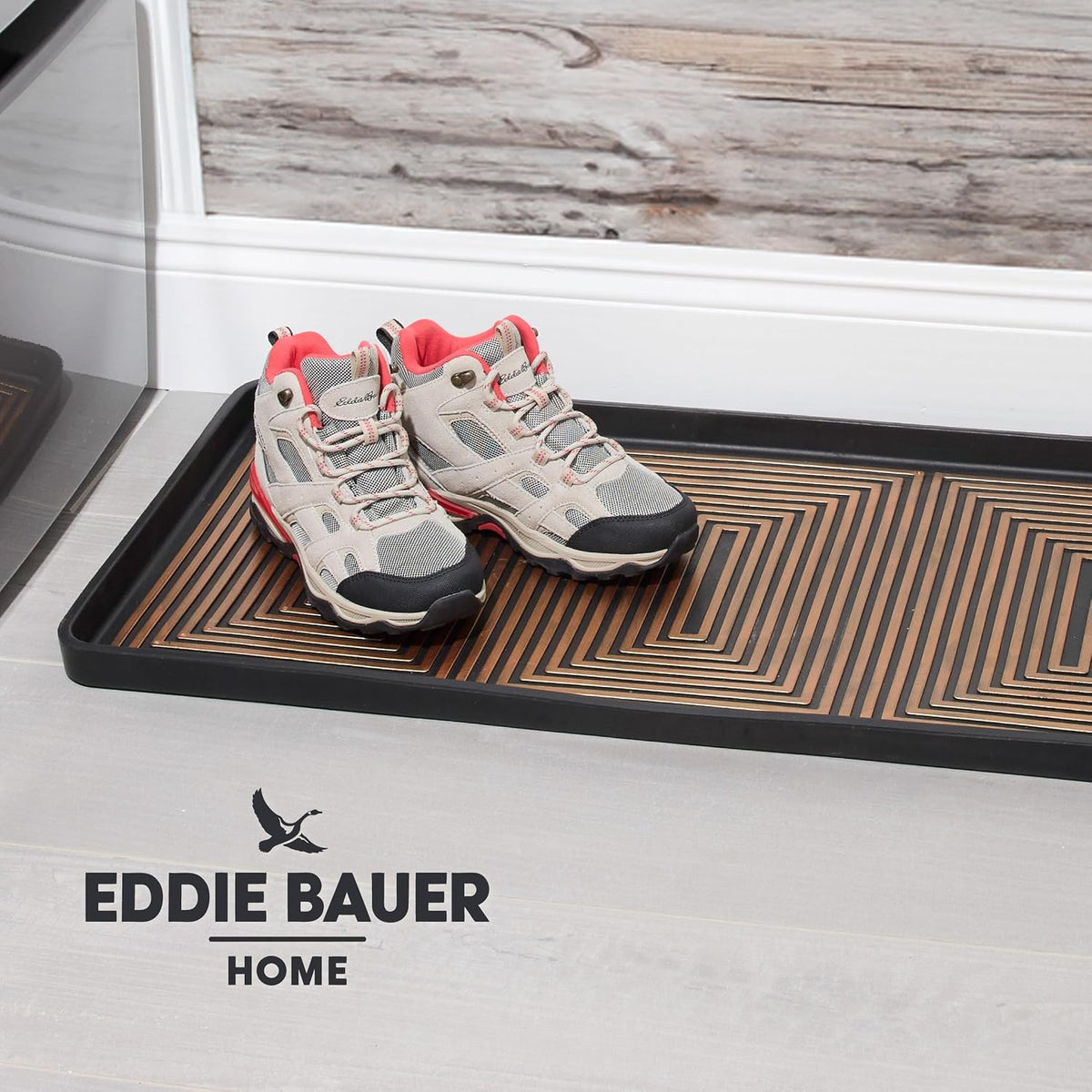 Eddie Bauer Rubber Boot Tray – Lake Waves Design, 16"x32", Black – Waterproof Entryway Boot Mat