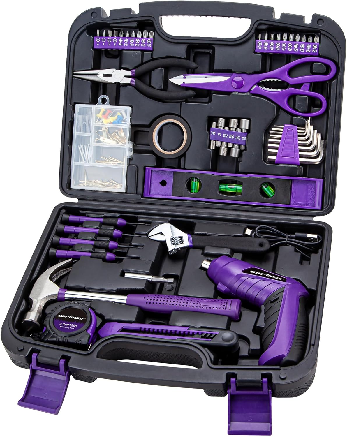 CARTMAN Orange 198-Piece 12V Cordless Drill Tool Combo Kit | Complete DIY repair tools for home, office & garden maintenance, professional household tool set with robot style storage box