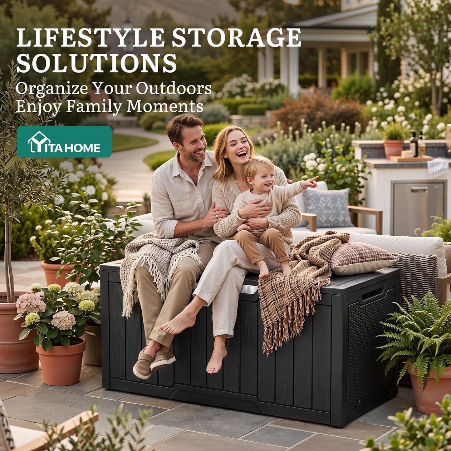 YITAHOME 100 Gallon Large Outdoor Deck Box | Waterproof Resin Storage Box, Lockable Indoor Outdoor Storage Container for Patio Furniture Cushions, Pool Accessories