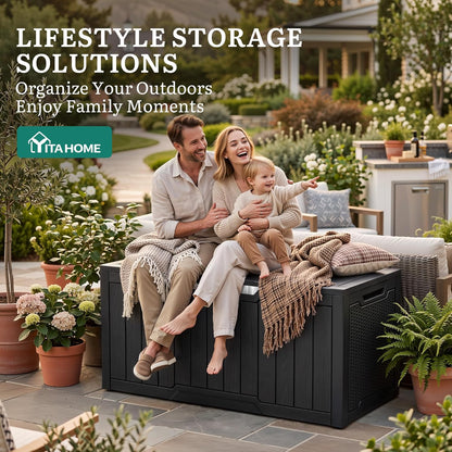 YITAHOME 100 Gallon Large Outdoor Deck Box | Waterproof Resin Storage Box, Lockable Indoor Outdoor Storage Container for Patio Furniture Cushions, Pool Accessories