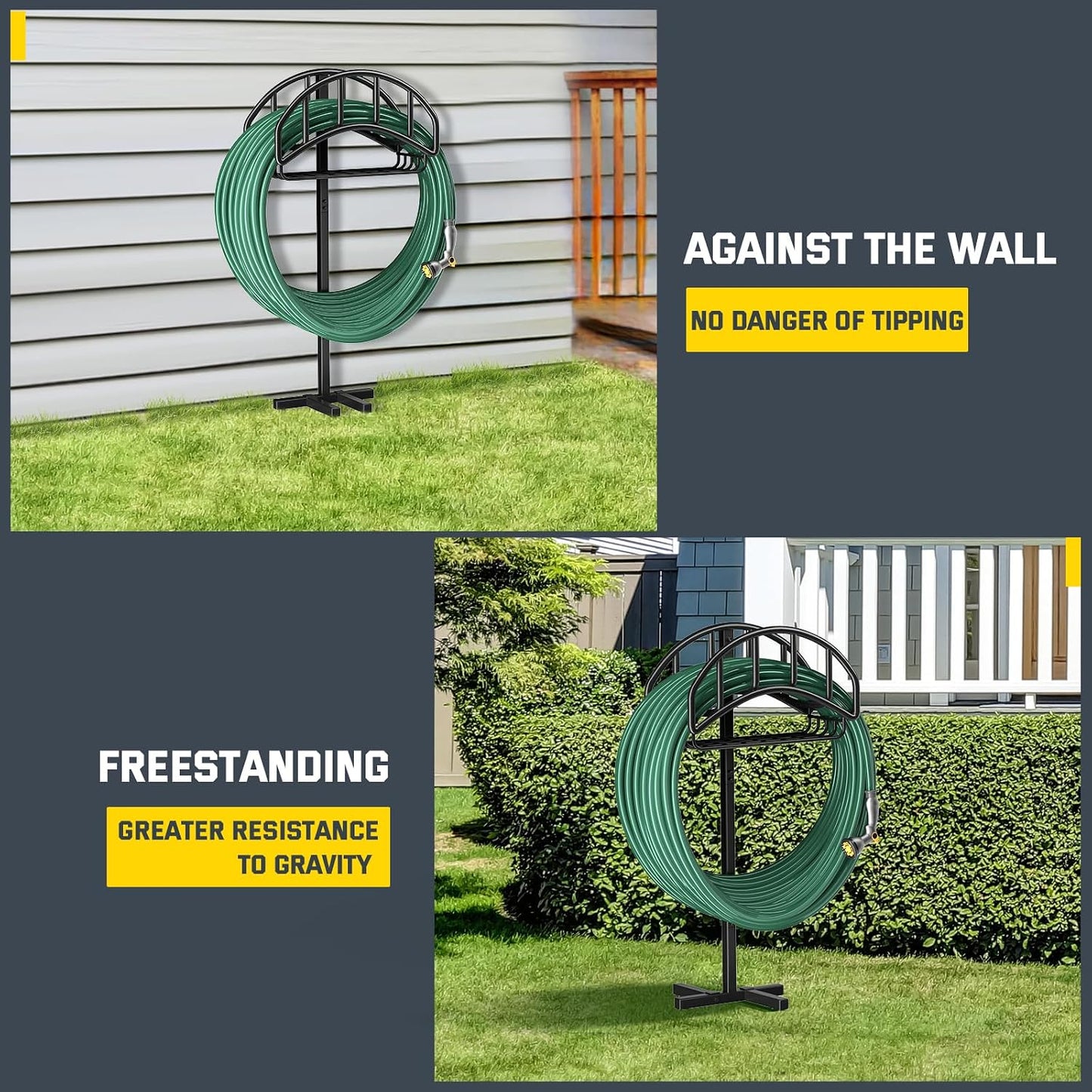 Kesfitt Garden Hose Holder Stand with Tool Storage Basket & 4 Spikes, Detachable Heavy Duty Metal Freestanding Outdoor Organizer for Lawn Yard Water Storage Rack