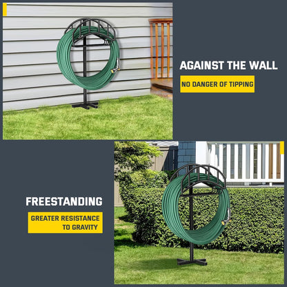 Kesfitt Garden Hose Holder Stand with Tool Storage Basket & 4 Spikes, Detachable Heavy Duty Metal Freestanding Outdoor Organizer for Lawn Yard Water Storage Rack