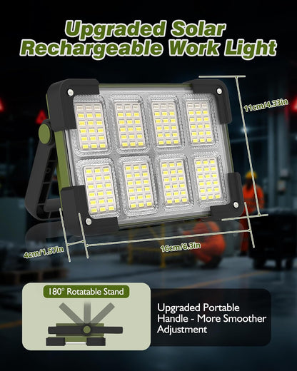 120W Solar Rechargeable Work Light, 144 LED 10000LM Led Work Light with 4 Modes, Portable Flood Light with Stand, IP66 Waterproof Outdoor Working Light for Emergency Mechanic Camping Repair (Yellow)