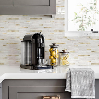 STICKGOO 20 Sheets Peel and Stick Backsplash Tile, Stick on Backsplash for Kitchen and Bathroom, White Sandstone Look PVC Mixed Metal Gold Self Adhesive Wall Tiles