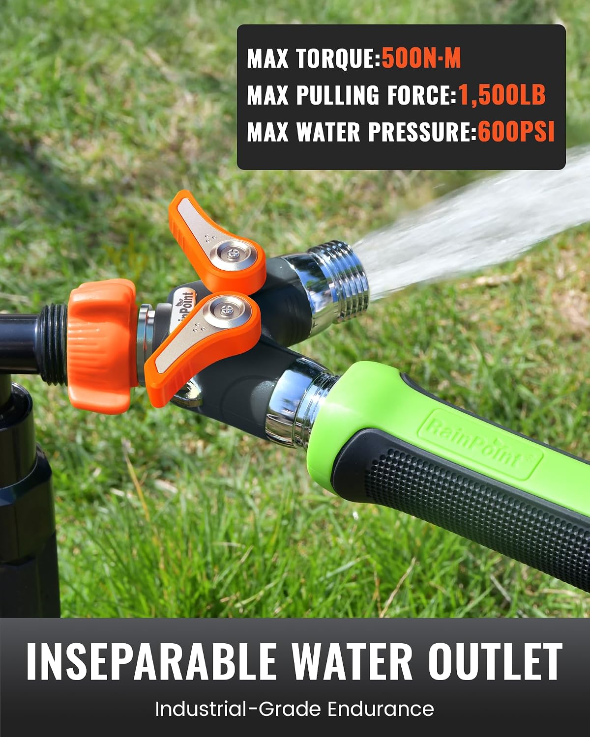 RAINPOINT 2 Way Garden Hose Splitter | Heavy Duty Water Spigot Splitter with Shutoff Valves, 100% Metal Body, 1.9" Extra Long Metal Handle, 3/4" GHT Thread