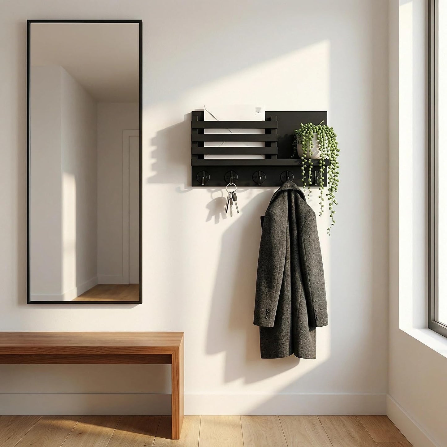 Wall Key Hook, Mail Organizer with 5 Metal Key Hooks, Decorative Key Rack Wall Mount, Tung Wood, 11.8 x 6.7 inches, Includes mounting Hardware (Brown)