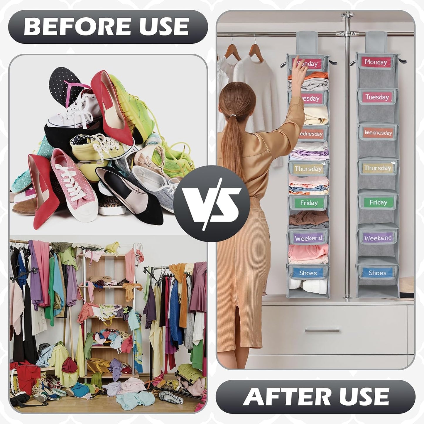 2 Pack 7 Shelf Weekly Clothes Organizer Hanging Closet for Kids with Side Pockets Weekday Shoes Rack Weekly Clothes Organizers Monday Through Weekend Foldable Storage Shelves(Black)