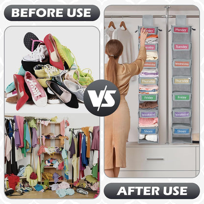 2 Pack 7 Shelf Weekly Clothes Organizer Hanging Closet for Kids with Side Pockets Weekday Shoes Rack Weekly Clothes Organizers Monday Through Weekend Foldable Storage Shelves(Black)