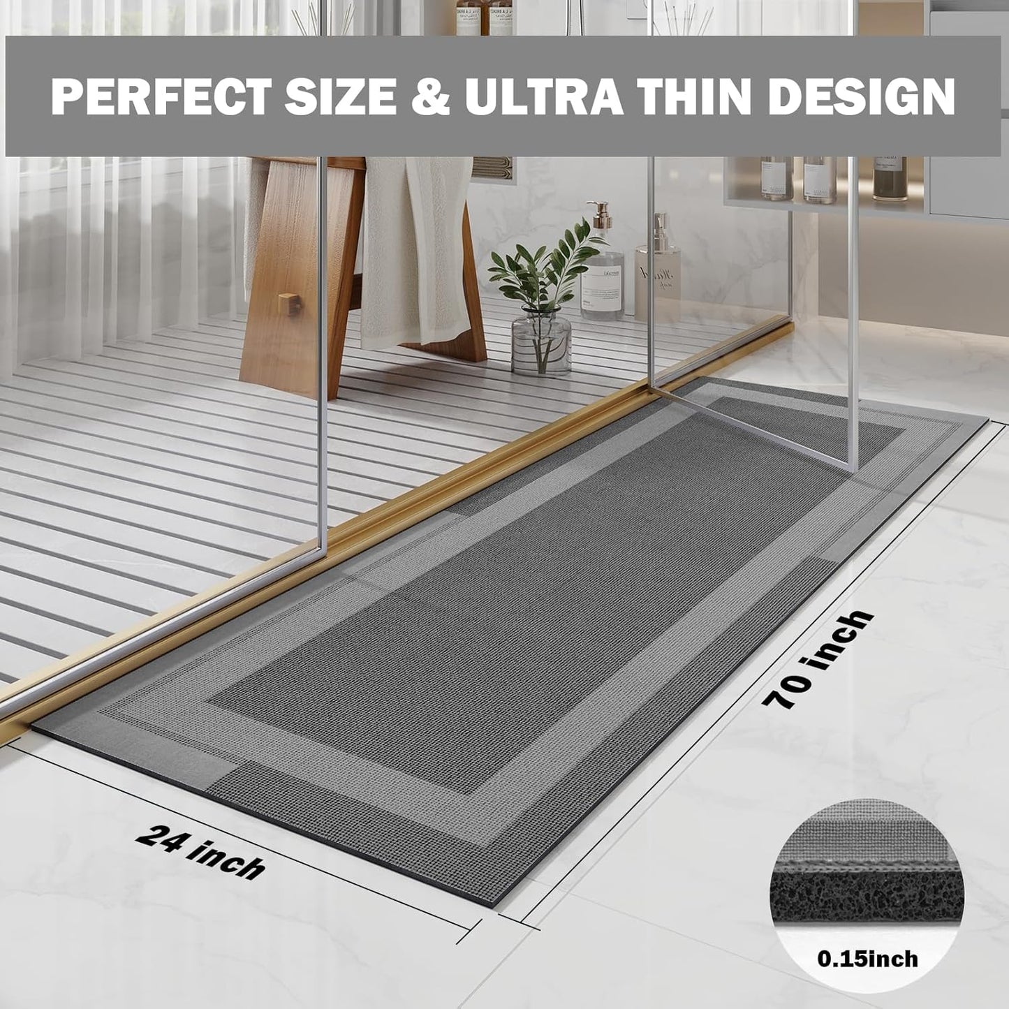 YDKGL Non Slip Bath Mat, Rubber Backing Ultra Thin Bathroom Rugs Fit Under Door Quick Dry Super Absorbent Washable Bath Rug Shower Mat for Bathroom Floor Bathtub Shower Sink, Easy Care Blue 16"x 24"