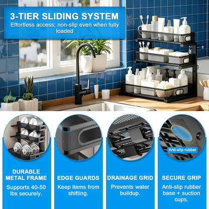 2-Tier bathroom cabinet organizer, bathroom organizers and storage with Adjustable Removable Dividers,Under Sink Organizing,Under Sink and Pull-Out Cabinet Organizer for Kitchen and Pantry Storage