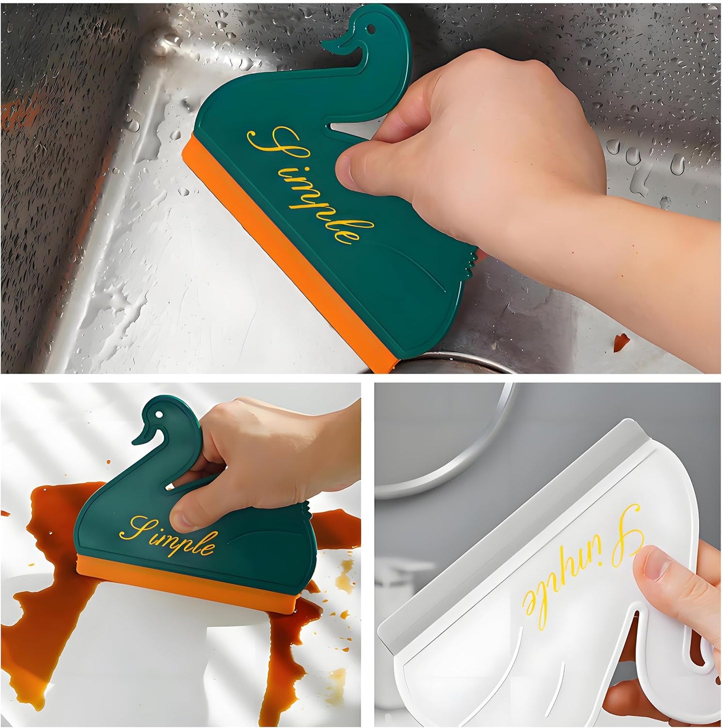 Squeegee Bathroom Glass Door Cleaning Scraper with Hanging Hook, Silicone Mini Kitchen Countertop Squeegee, Water Wiper Scraper for Sink Tiles Cleaning Tools (Swan 2PCS)