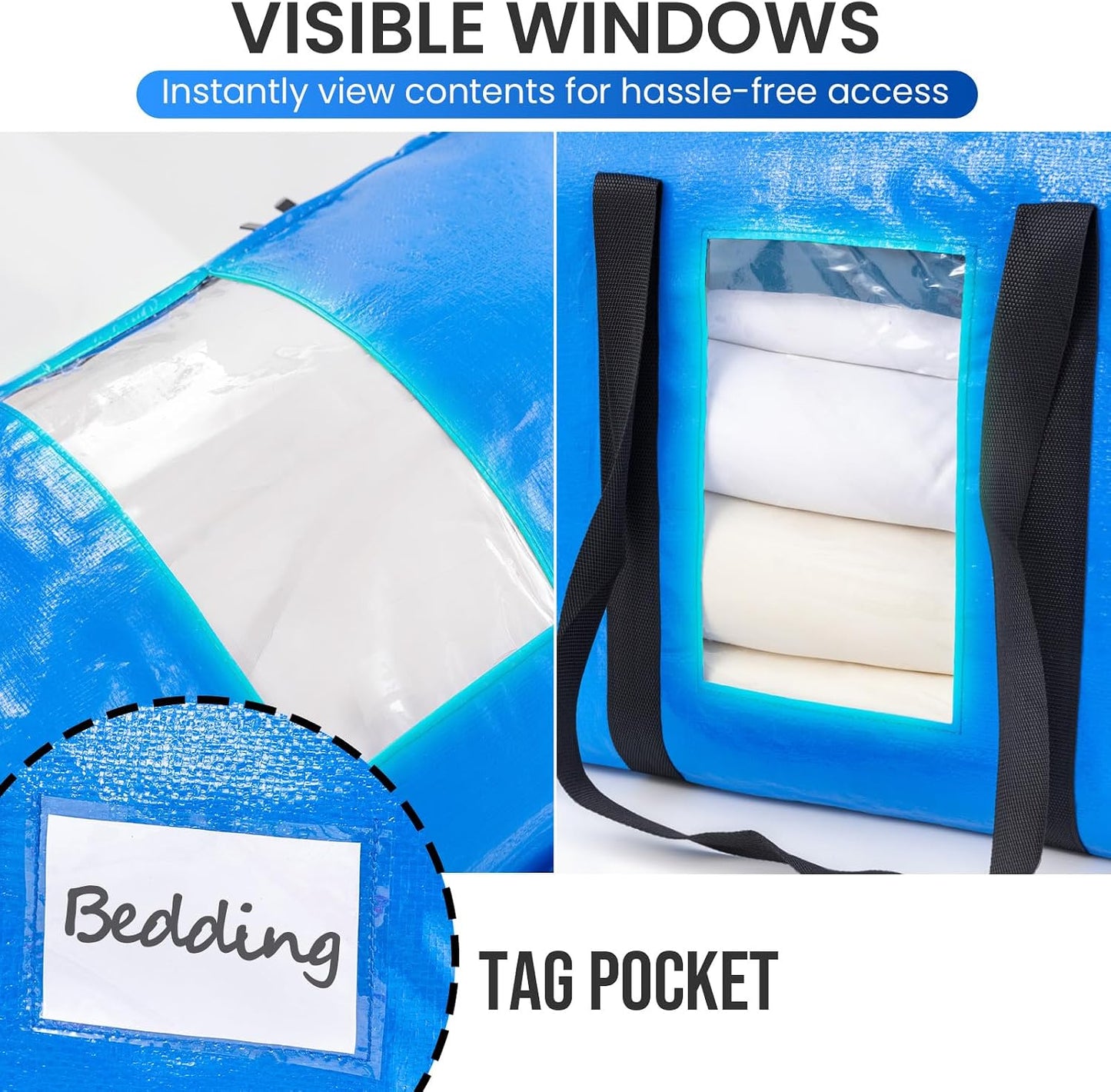 TAILI Extra Large Moving Bags, 4 Pack Blue Heavy Duty Totes For Storage with Visible Window, Wrap Around Handles, Storage Bags for Space Saving, Alternative to Moving Boxes