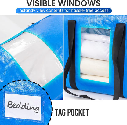 TAILI Extra Large Moving Bags, 4 Pack Blue Heavy Duty Totes For Storage with Visible Window, Wrap Around Handles, Storage Bags for Space Saving, Alternative to Moving Boxes