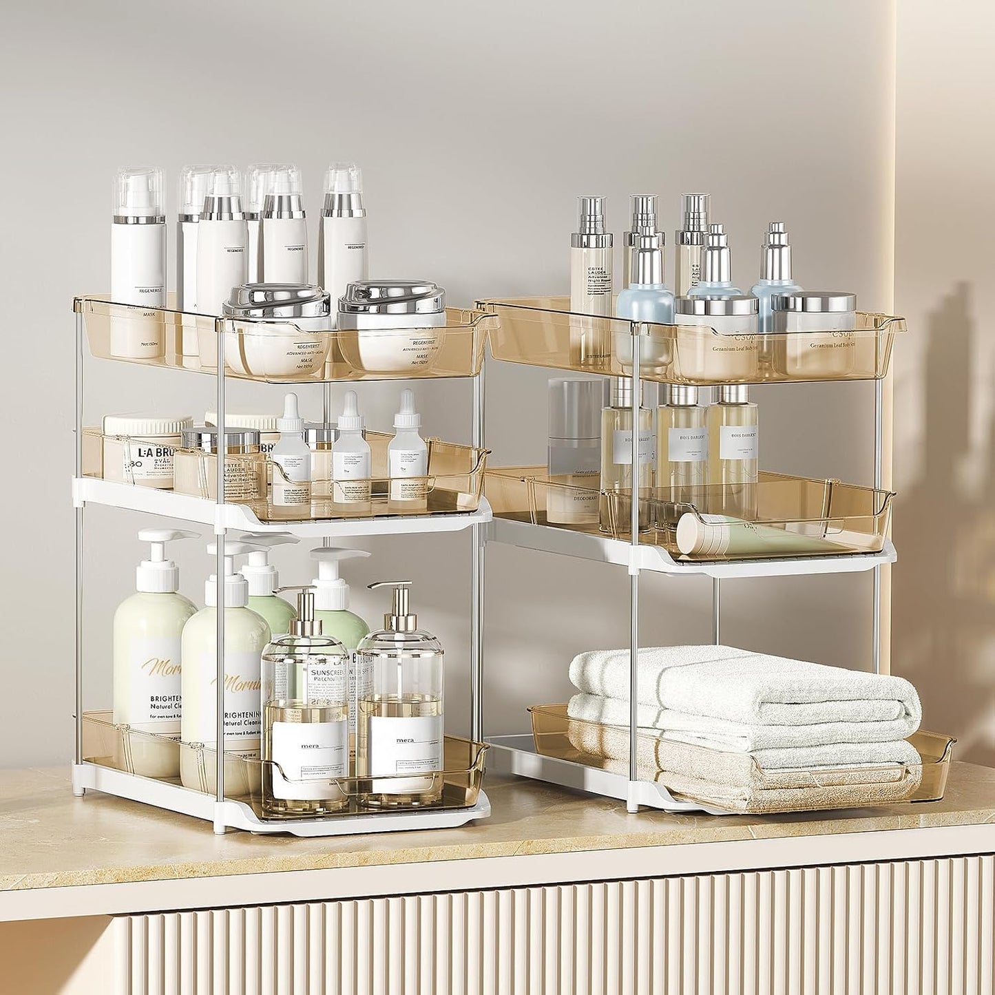 Delamu 2 Sets of 3-Tier Bathroom Under Sink Organizers and Storage, Multi-Purpose Stackable Pantry Organization and Storage, Pull Out Clear Kitchen Bathroom Cabinet Organizer with Movable Dividers | Storage