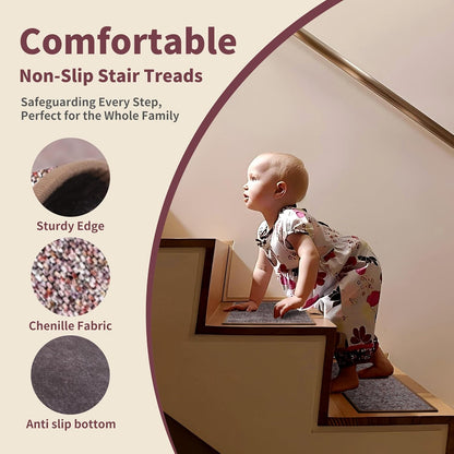 Non-Slip Carpet Stair Treads 15PCS, 8"x30" Peel and Stick Stair Runner for Wooden Steps Indoor, Washable Reusable Adhesive Backing, Pet-Friendly Safety Mats for Kids, Elders, Dogs