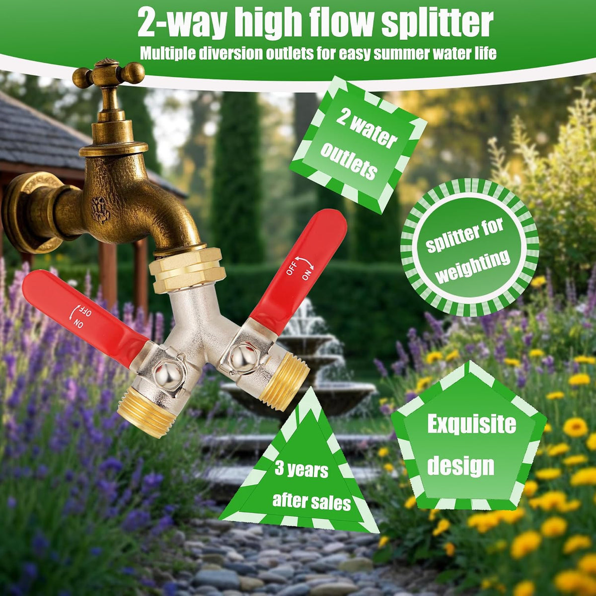 EJW Hose Splitter 2 Way, Garden Hose Splitters, Heavy Duty Faucet Splitter,Rv Brass Water Hose Y Splitter, Double Hose Connector, Spigot Splitter, Two Way Hose Manifold Valve 3/4 Inch GHT Thread.