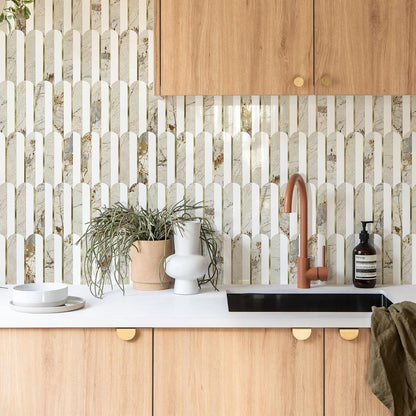 Vamos Peel and Stick Backsplash Seamless Tile for Kitchen and Bathroom,White and Beige Slate PVC Mixed Light Gold Self Adhesive Fish Scale Metal Mosaic Tiles (10 Sheets)