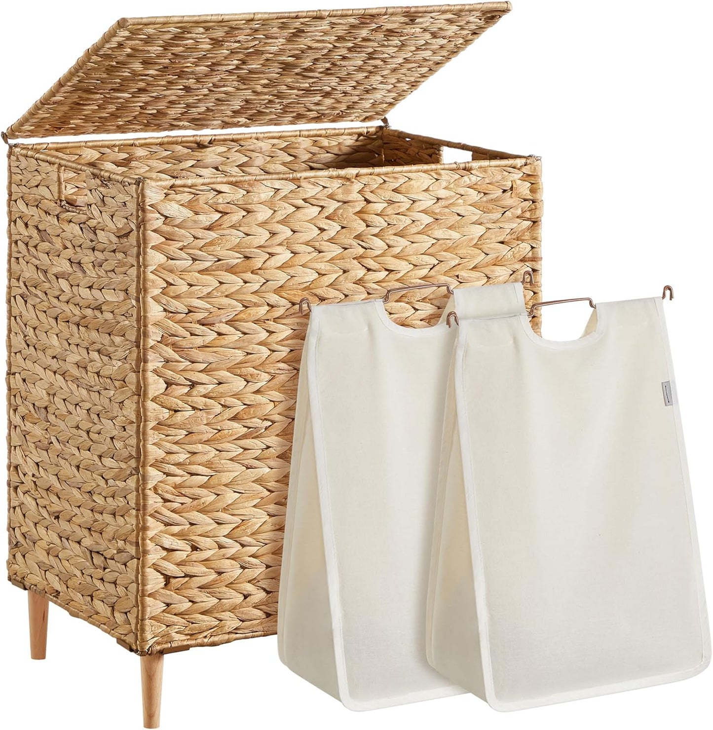 SONGMICS Laundry Hamper 3 Sections, 47.5 Gal. (180 L) Handwoven Water Hyacinth Wicker Laundry Basket with Lid, Natural Material, Removable Machine Washable Liners, Handles, Natural ULCB203Y01