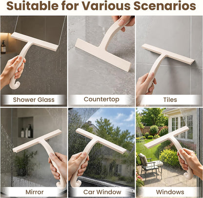 Shower Squeegee for Glass Doors - 10 Inch Bathroom Squeegee with Ergonomic Round Grip, Built-in Hook, Streak-Free No-Squeak Silicone Blade for Shower Glass, Tile Walls, Mirrors & Windows, Black