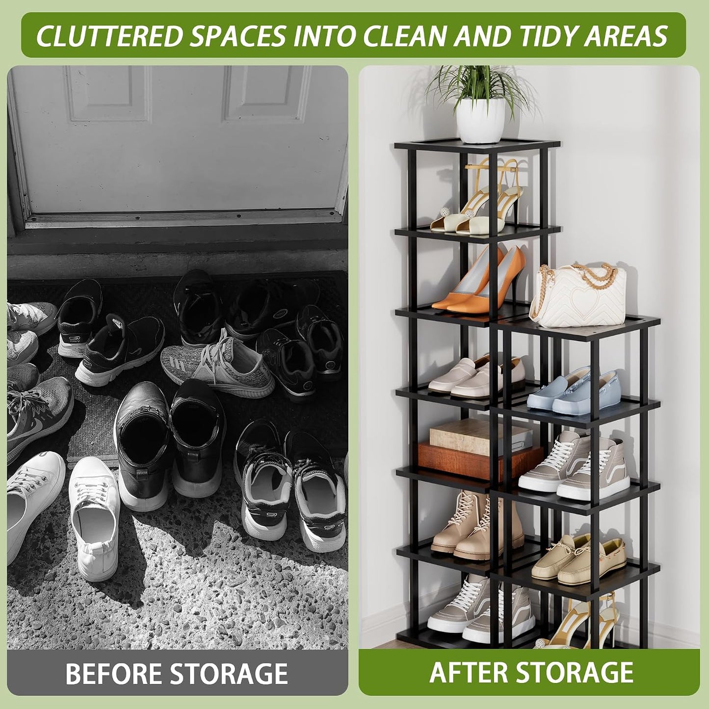 Vertical Tall Shoe Rack Organizer for Entryway -7 Tier Free Standing Slim Narrow Bamboo Wood Corner Stackable Shoe Boots Storage Stand Small Spaces for Closet Garage Cloakroom Living Room (Black)