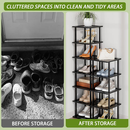 Vertical Tall Shoe Rack Organizer for Entryway -7 Tier Free Standing Slim Narrow Bamboo Wood Corner Stackable Shoe Boots Storage Stand Small Spaces for Closet Garage Cloakroom Living Room (Black)