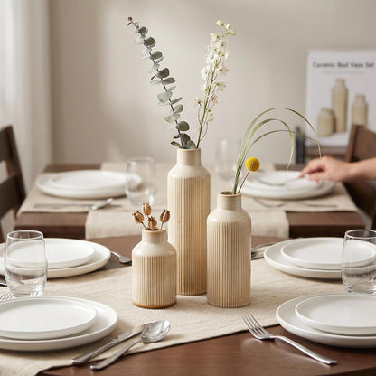Brown Ceramic Vase Set of 3 - Rustic Farmhouse Vases for Centerpieces Small Modern Decorative Vase for Flower Kitchen Bathroom Bedroom Living Room Shelf Home Decor