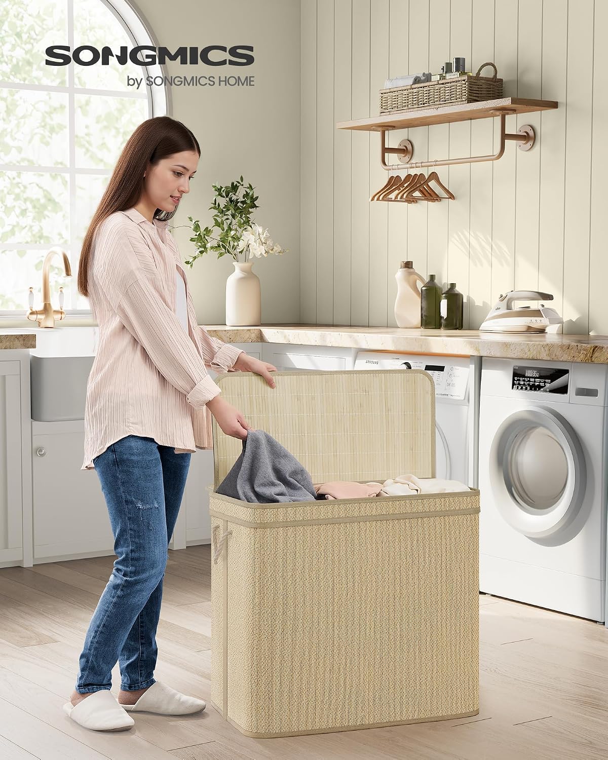 SONGMICS 3-Section Laundry Hamper With Lid, 44.9 Gal (170 L) Large Laundry Basket With 3 Removable Machine Washable Fabric Bag, Bamboo Clothes Hamper, Handles, for Bathroom, Natural Color ULCB069Y01