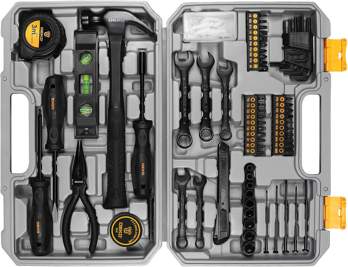 DEKOPRO General Household Hand Tool Kit with Plastic Toolbox Storage Case, All Purpose Home Tool Kit Includes Essential Tools for Office College Repairs, 50 Piece